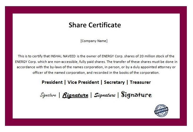 14 Share Certificate Templates  Free Printable Word with Amazing Template Of Share Certificate