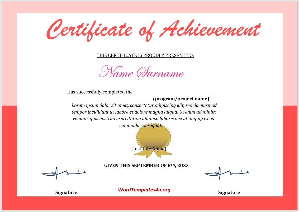16 Free Achievement Certificate Templates  Ms Word Templates for Awesome Word Template Certificate Of Achievement