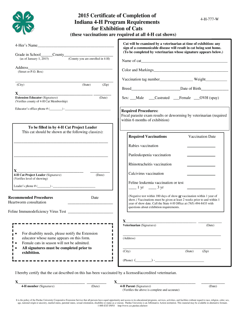 2015 Cat Vaccination Formpub  Fourh Purdue  Fill And pertaining to Best Certificate Of Vaccination Template