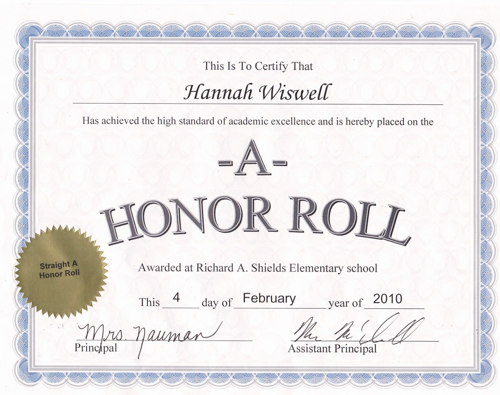 A B Honor Roll Certificate Meaning