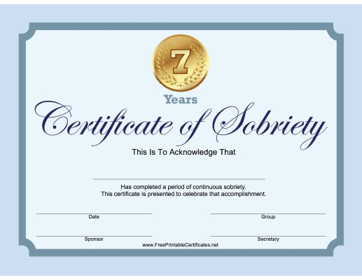 7 Years Sobriety Certificate Blue Printable Certificate with regard to Certificate Of Sobriety Template Free