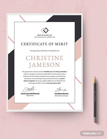 Appreciation Certificate Template For Employee Merit  エステ inside Printable Certificate Of Merit Templates Editable