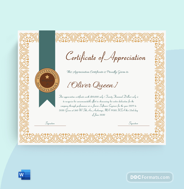 Appreciation Certificate Word Doc 1661  Doc Formats In intended for Awesome Formal Certificate Of Appreciation Template