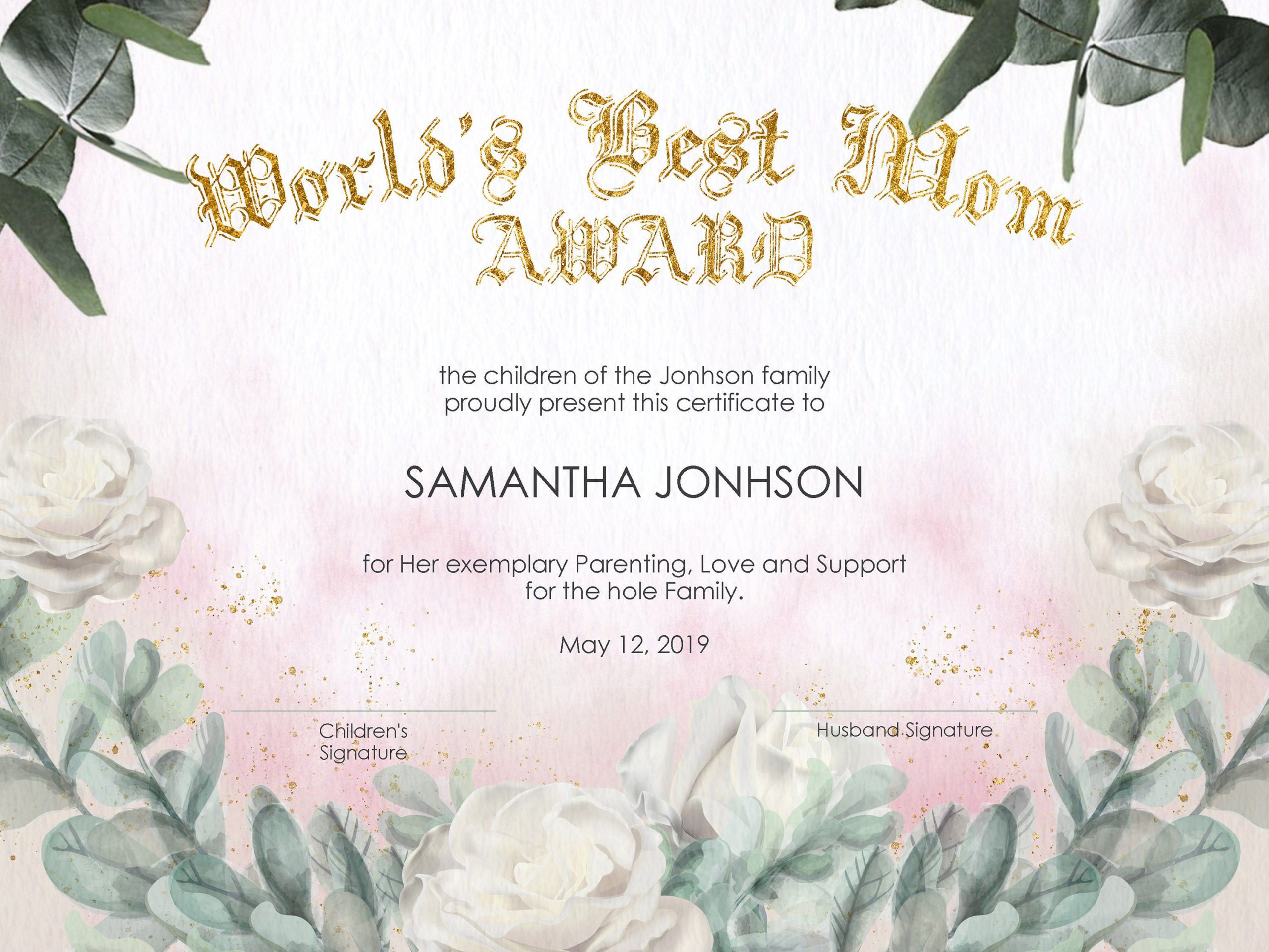 Best Mom Ever Gift For Mothers Day Editable Printable throughout Mothers Day Gift Certificate Template