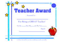 Best Teacher Certificate Templates Free  Sample for Printable Best Teacher Certificate Templates
