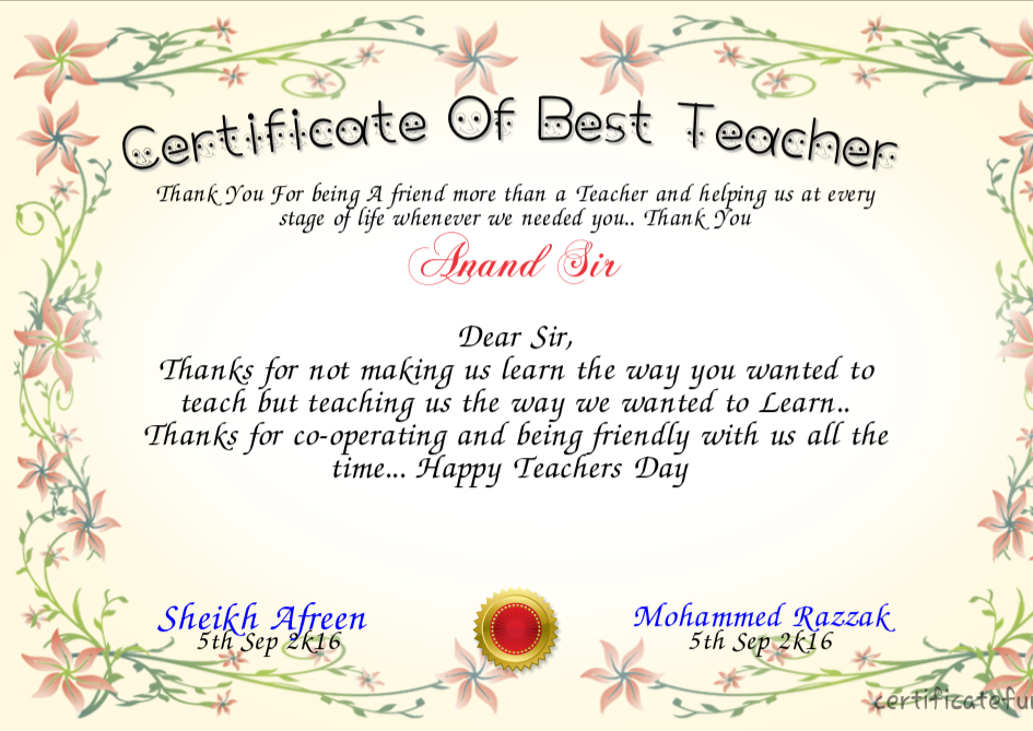 Certificate Of Best Teacher Certificate  Teacher Awards regarding Awesome Teacher Appreciation Certificate Templates