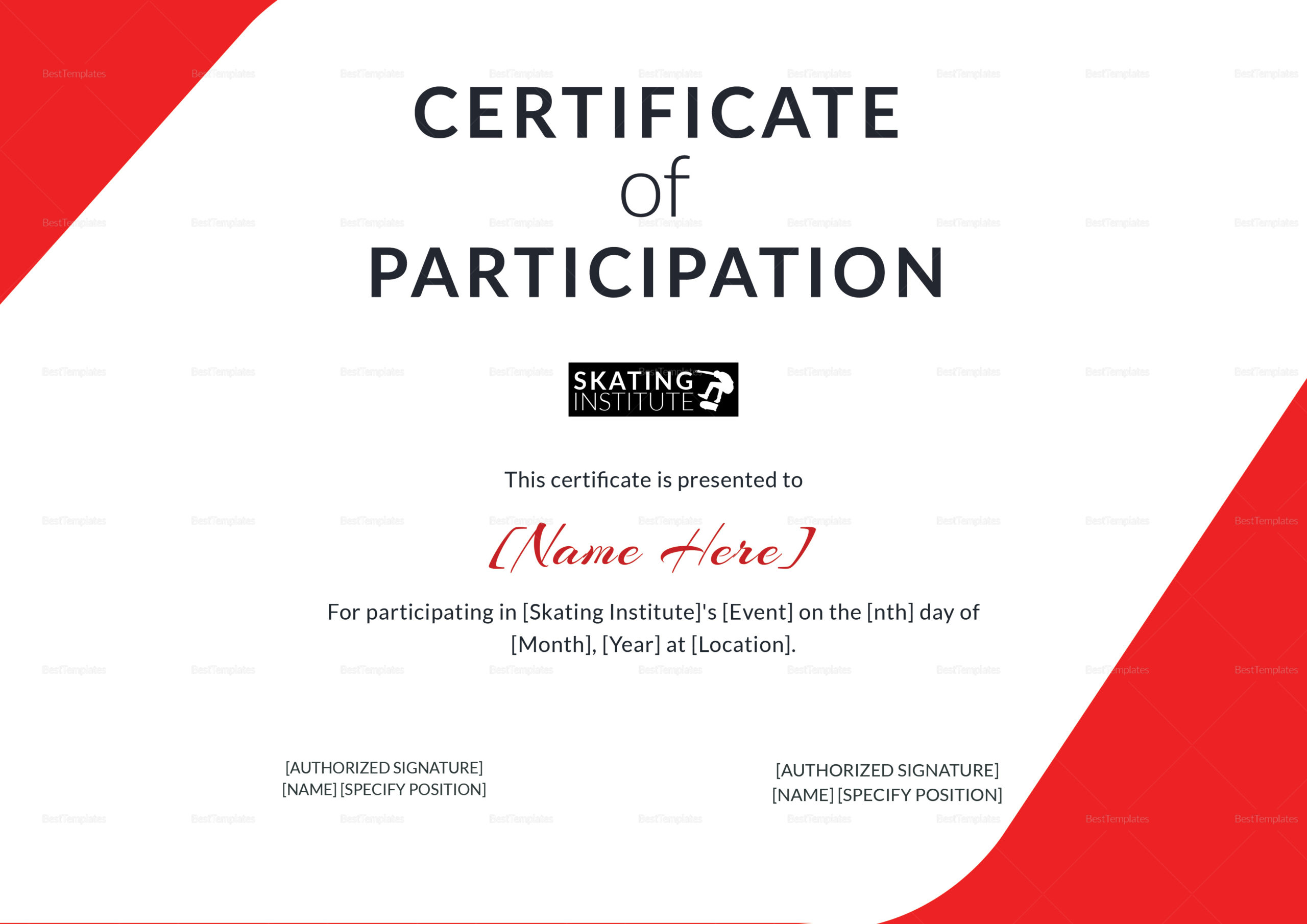 Certificate Of Participation For Skating Design Template for Sample Certificate Of Participation Template