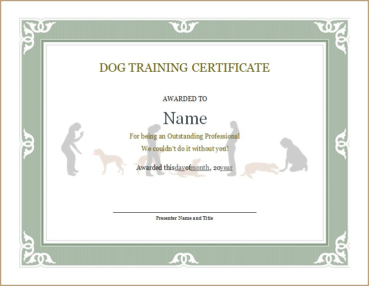 Dog Training Certificate  Microsoft Word  Excel Templates inside Best Workshop Certificate Template
