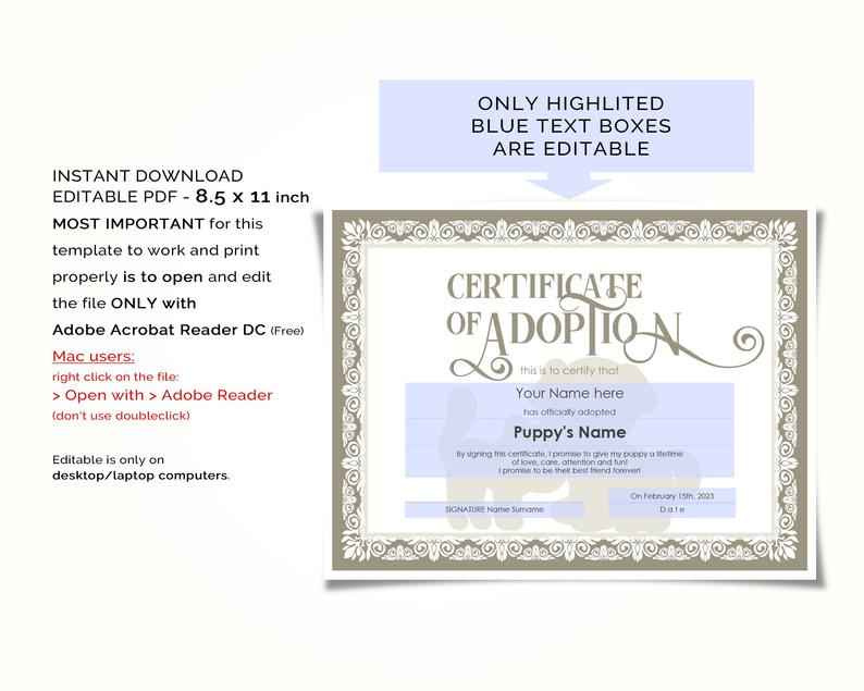 Editable Certificate Of Adoption Template Printable Pet  Etsy throughout Cat Adoption Certificate Templates