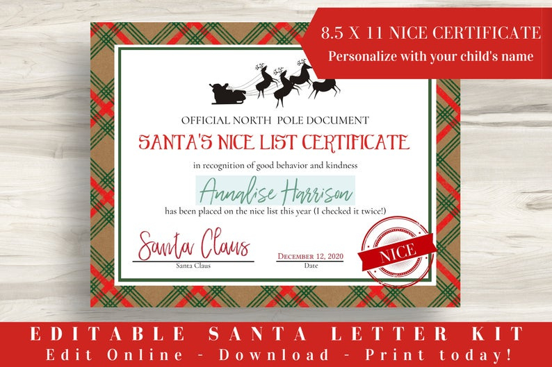 Editable Letter From Santa Kit Nice List Certificate for Amazing Free 9 Naughty List Certificate Templates