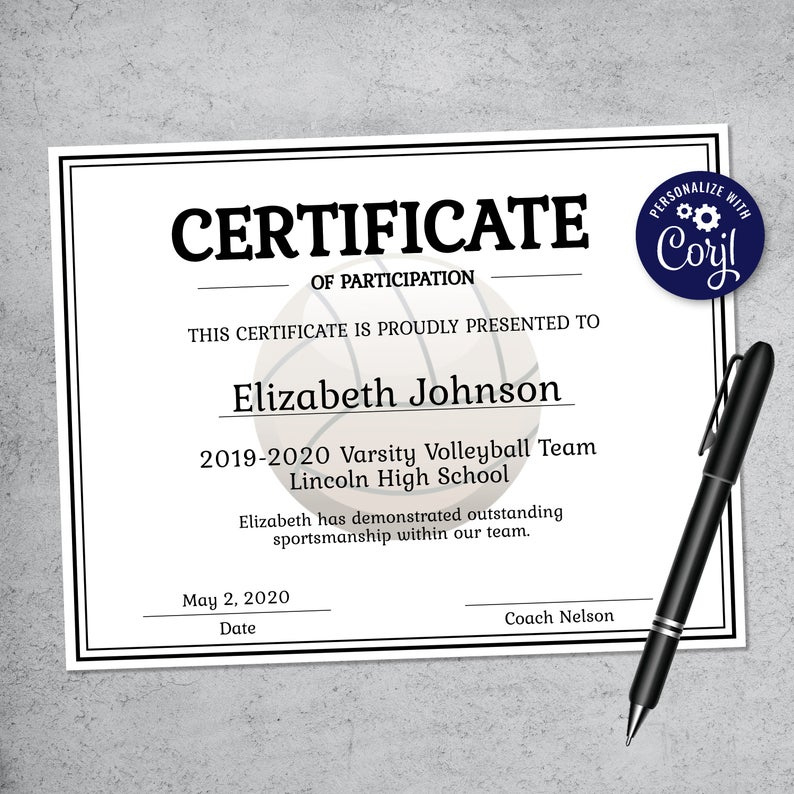 Editable Volleyball Certificate Template Printable  Etsy in Volleyball Certificate Template Free