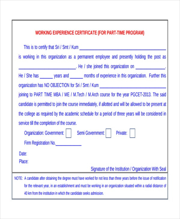 Experience Certificate Formats  9 Free Printable Word pertaining to Printable Template Of Experience Certificate