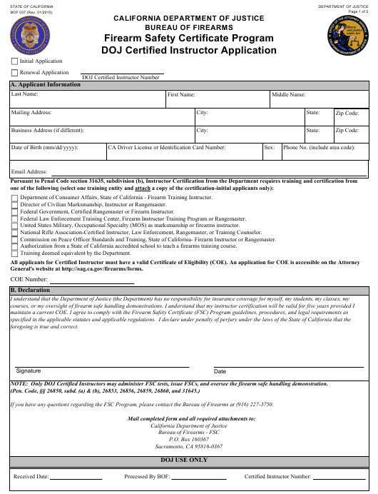 Form Bof037 Download Fillable Pdf Or Fill Online Doj pertaining to Quality Safe Driving Certificate Template