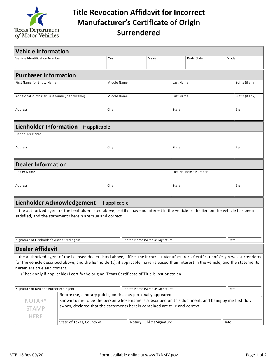 Form Vtr18 Download Fillable Pdf Or Fill Online Title with regard to Free Certificate Of Origin For A Vehicle Template