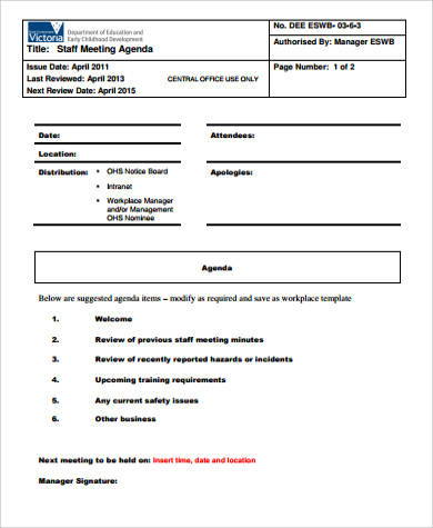 Free 8 Sample Staff Meeting Agenda Templates In Pdf with regard to Template For An Agenda For A Meeting