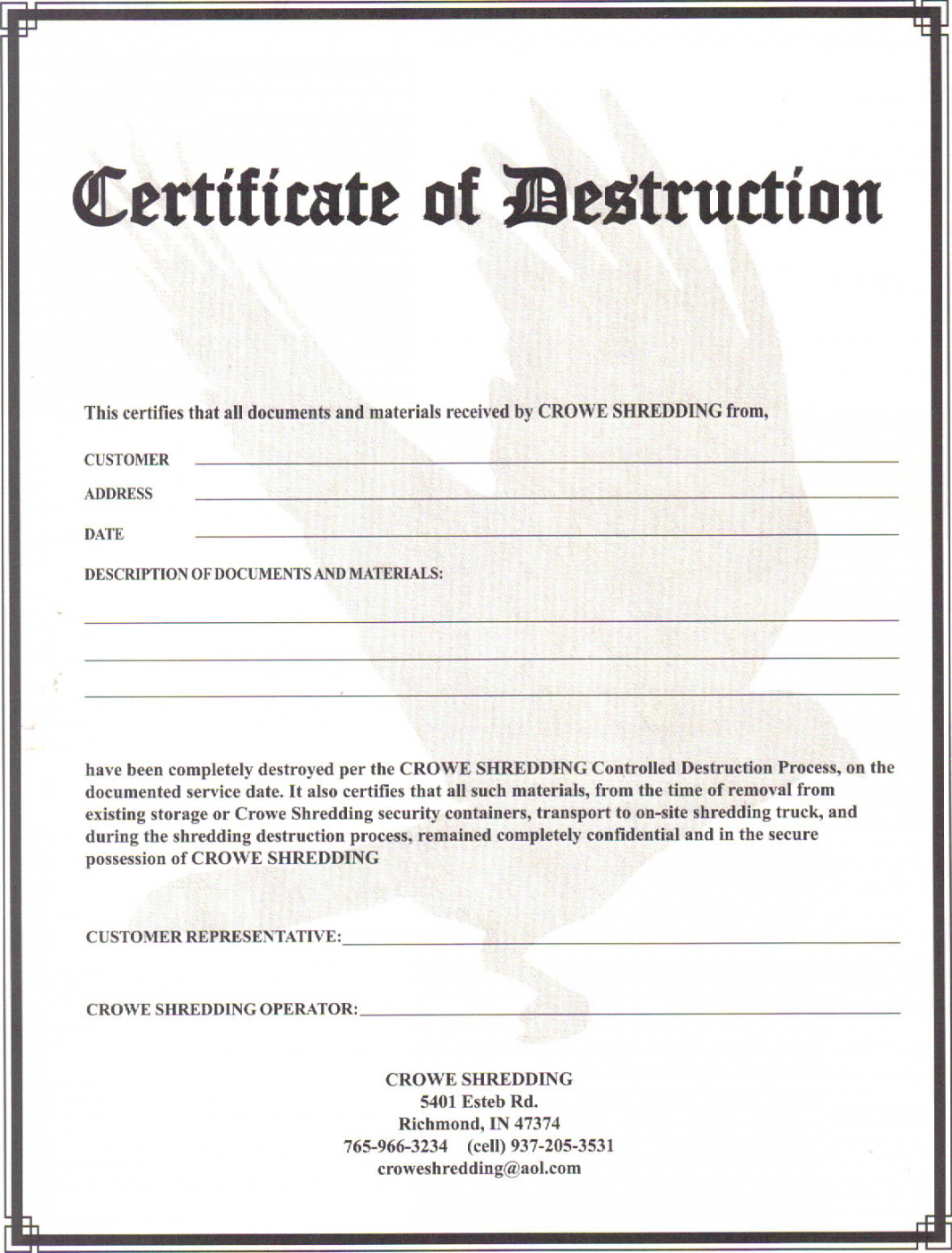 Free Certificate Of Destruction Template  Great Sample with regard to Destruction Certificate Template