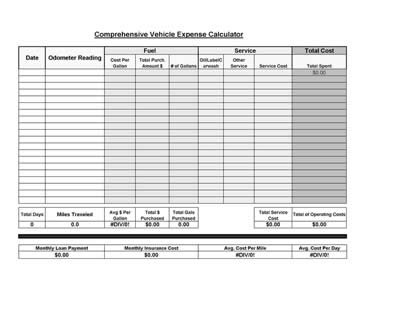 Free Printable Vehicle Expense Calculator  Microsoft Excel within Free Cost Tracking Template