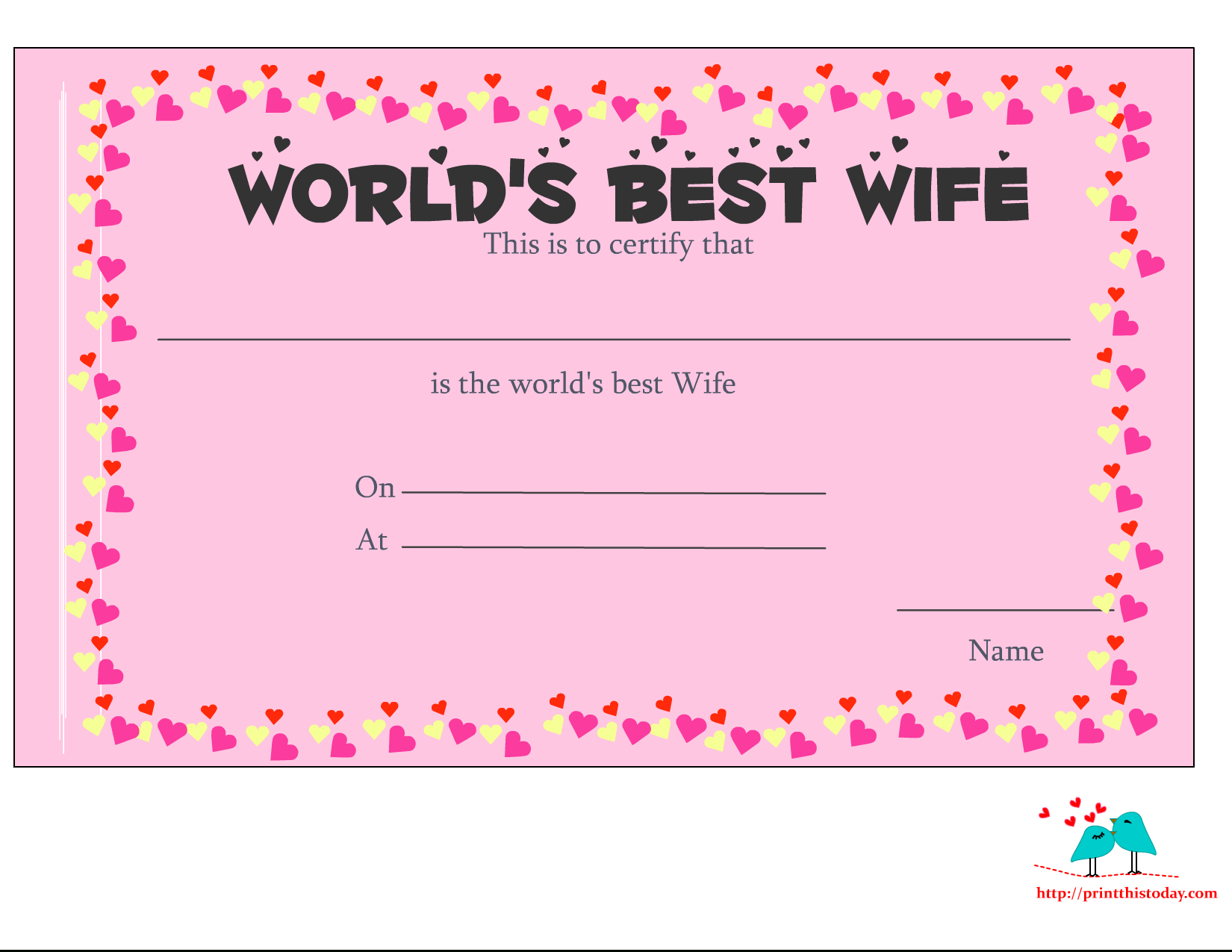 Free Printable World&amp;#039;S Best Wife Certificates throughout Love Certificate Templates