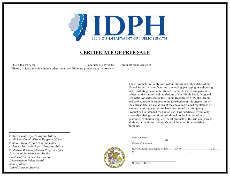 Illinois Certificate Of Free Sale  Small Font Template with Awesome Sales Certificate Template