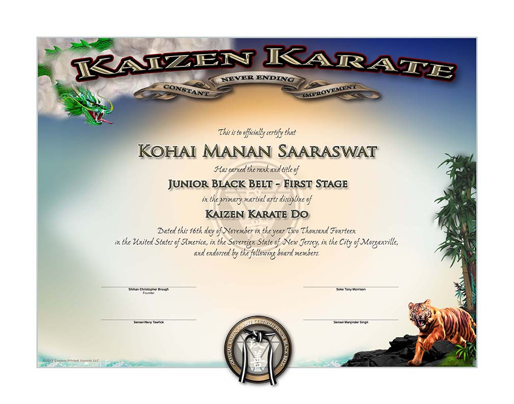 Kaizen Karate  Junior Black Belt Certificate  Martial inside Awesome Martial Arts Certificate Templates