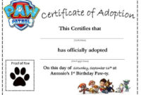 Paw Patrol Puppy Adoption Certificate Custom  Puppy in Awesome Dog Adoption Certificate Free Printable 7 Ideas