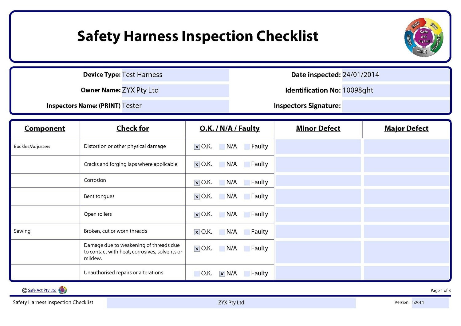 Safety Harness Inspection Checklist Within Certificate Of for Printable Certificate Of Inspection Template