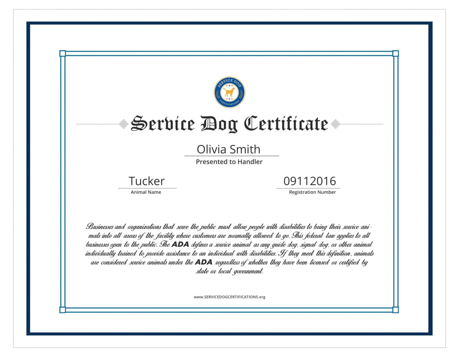 Free Printable Fillable Blank Service Dog Certificate Word