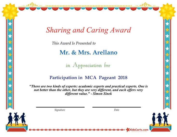 Sharing And Caring Award  Participation In Mca Pageant with Pageant Certificate Template
