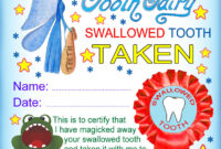 Tooth Fairy Certificate Swallowed Tooth Taken  Rooftop with regard to Quality Free Tooth Fairy Certificate Template