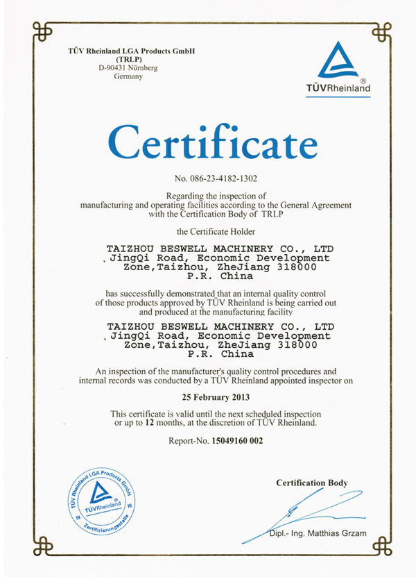 Tuv Factory Inspection Certificate  Taizhou Beswell with Awesome Firefighter Training Certificate Template