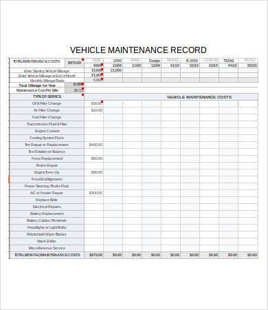 Vehicle Maintenance Log  7 Free Pdf Excel Documents with regard to Machine Maintenance Log Template