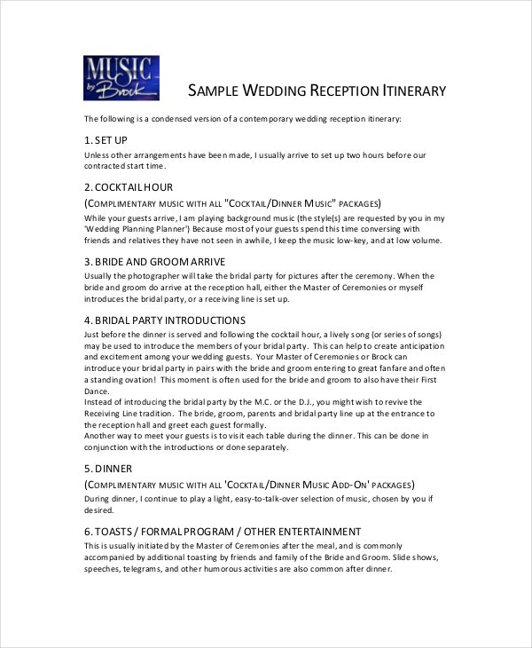 7 Wedding Itinerary Template  Free Sample Example with regard to Wedding Party Itinerary Template