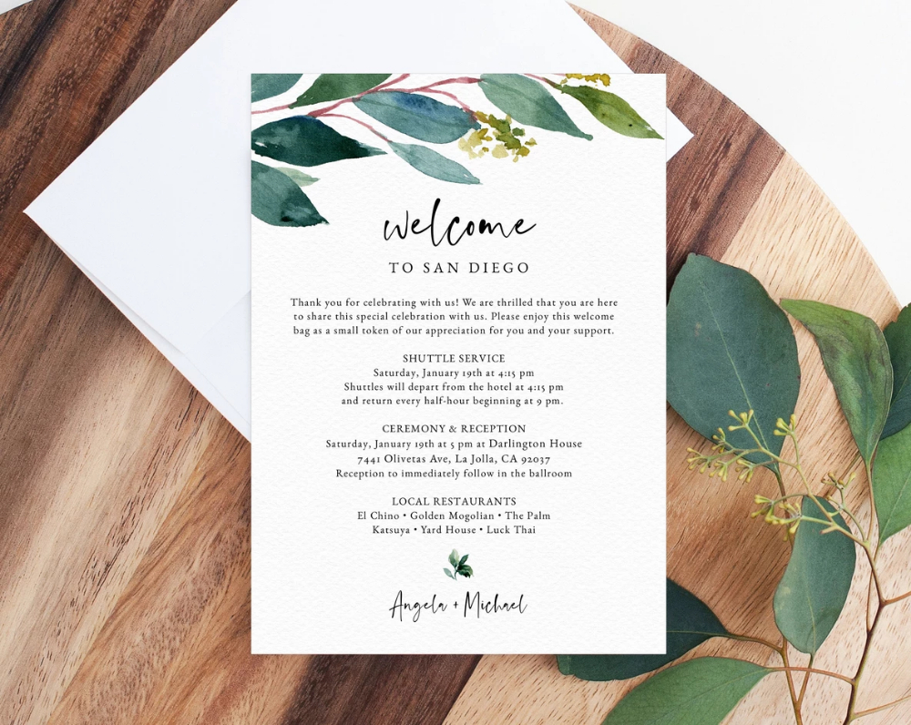 Greenery Welcome Letter Template Wedding Itinerary Card intended for Wedding Welcome Itinerary Template