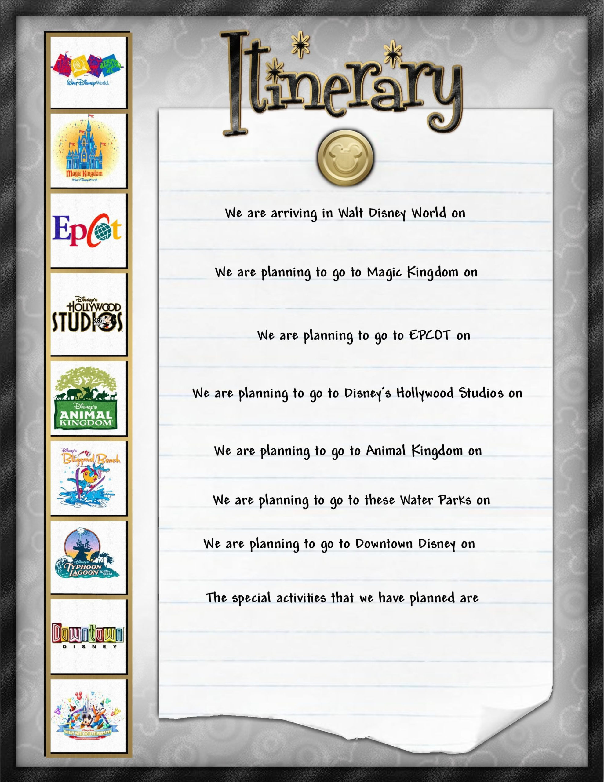 Itinerary  Disney Scrapbook Pages Disney Scrapbook throughout Disney World Itinerary Template