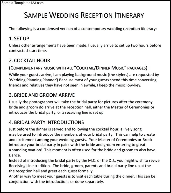 Sample Wedding Reception Itinerary Template  Sample Templates for Wedding Reception Itinerary Template