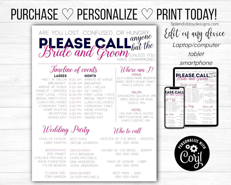 Wedding Day Timeline Schedule Template Bridal Party  Etsy with regard to Wedding Party Itinerary Template